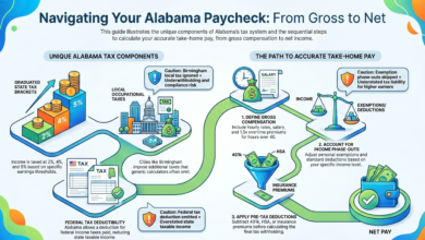 Gaming-themed digital dashboard showing Alabama Paycheck Calculator interface with earnings breakdown and stats