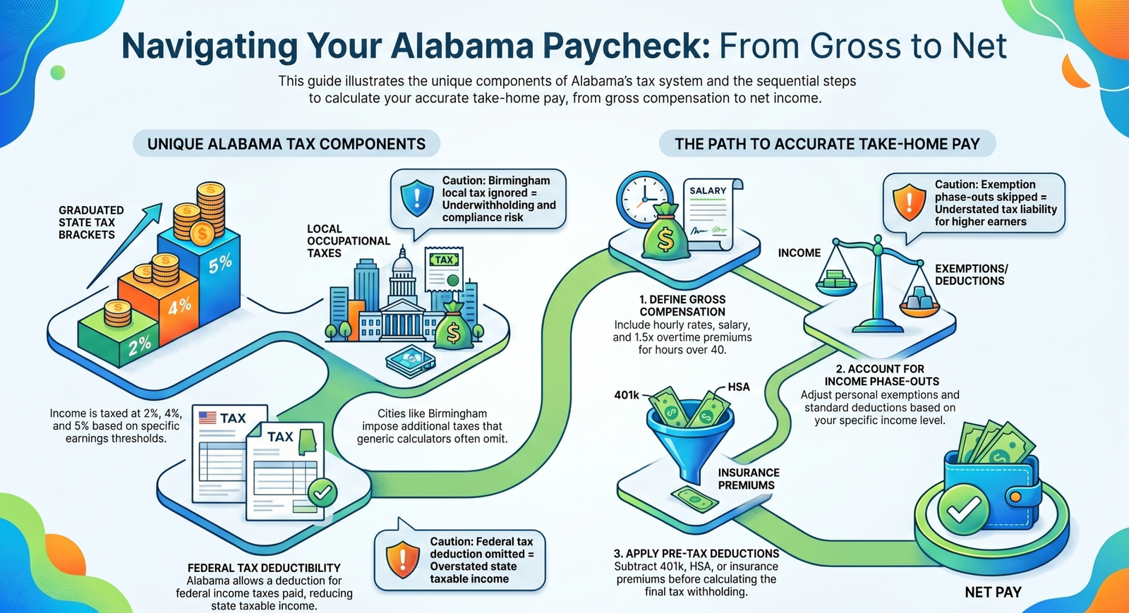 Gaming-themed digital dashboard showing Alabama Paycheck Calculator interface with earnings breakdown and stats