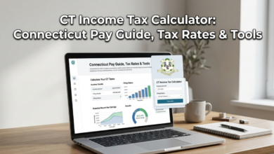 A laptop displaying a "CT Income Tax Calculator" tool for gamers on a wooden desk.