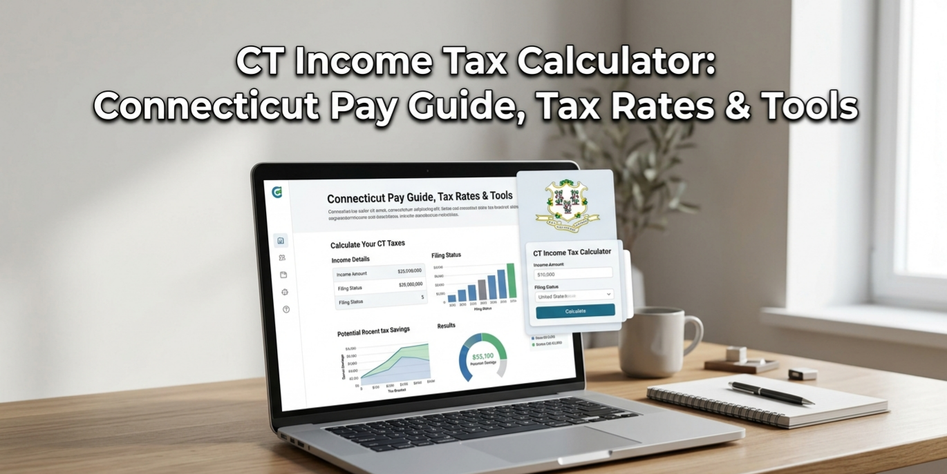 A laptop displaying a "CT Income Tax Calculator" tool for gamers on a wooden desk.