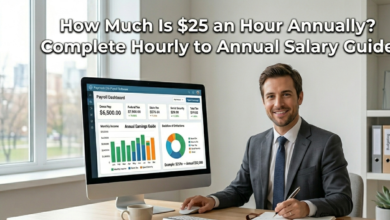 A professional calculates salary on a desktop, figuring out how much is $25 an hour annually for digital productivity and planning.