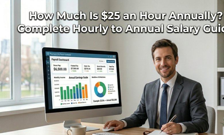 A professional calculates salary on a desktop, figuring out how much is $25 an hour annually for digital productivity and planning.