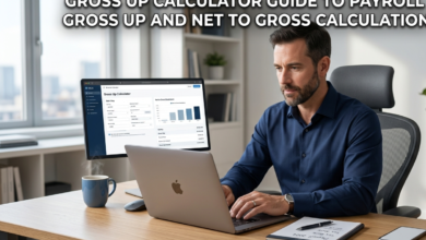 Man using a gross up calculator tool on a laptop to analyze gaming industry payroll and net-to-gross earnings.