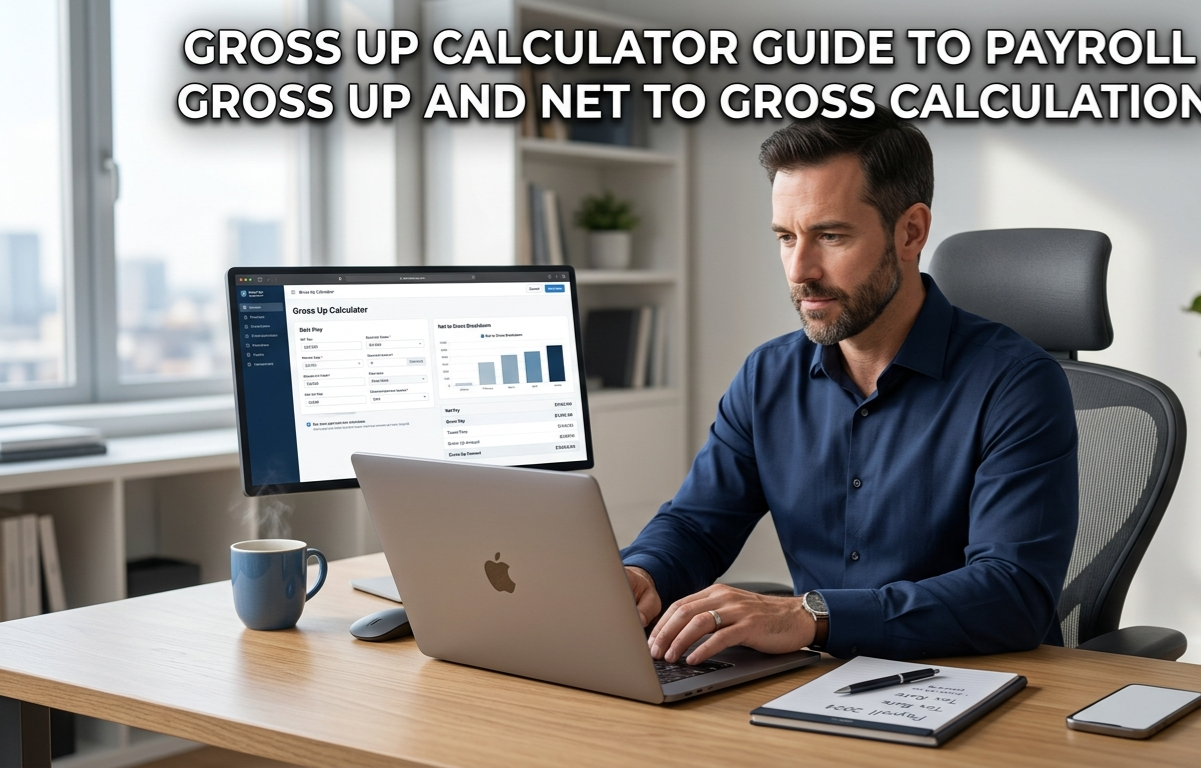 Man using a gross up calculator tool on a laptop to analyze gaming industry payroll and net-to-gross earnings.