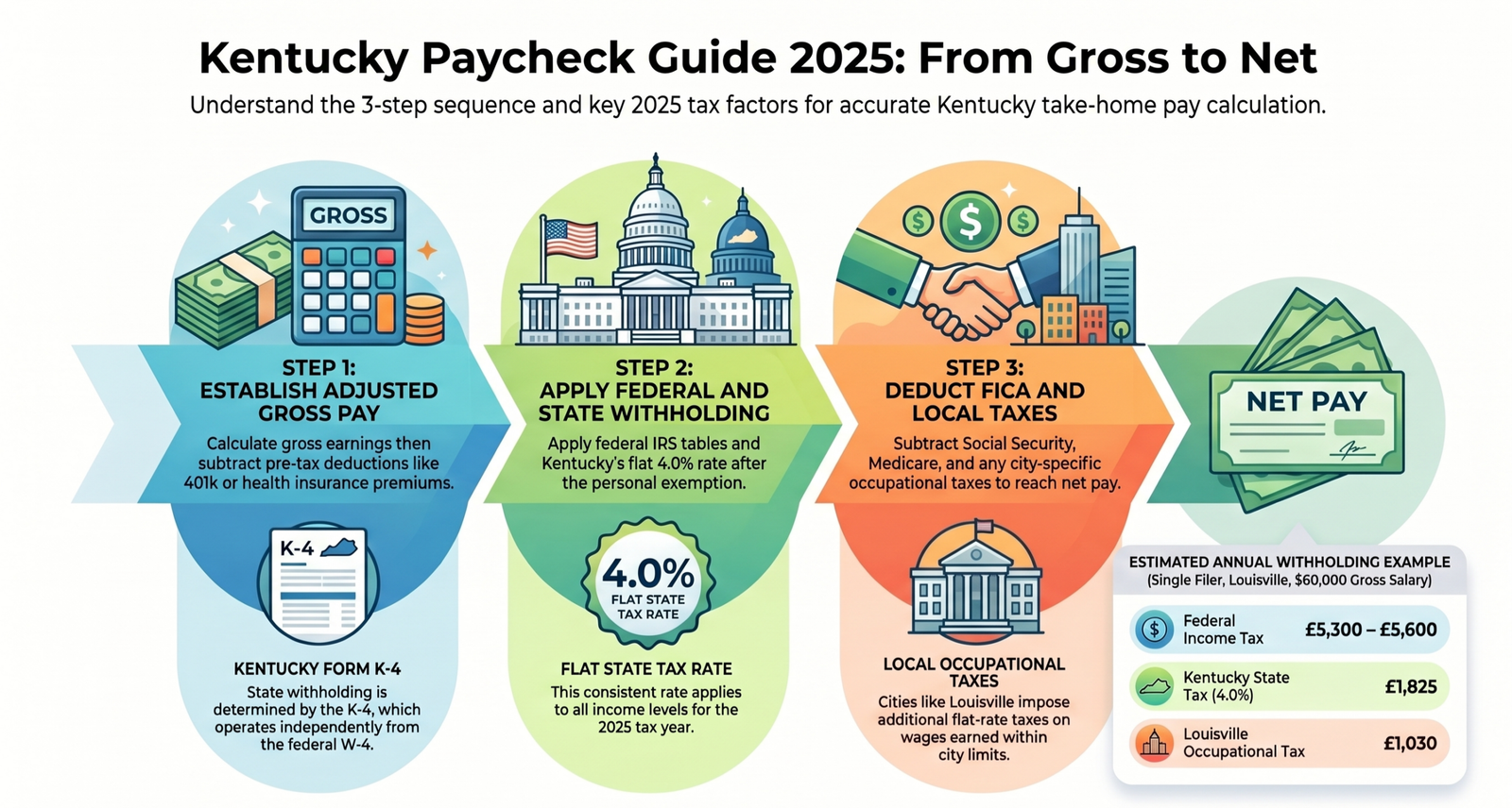 Digital dashboard showing salary breakdown and deductions using Kentucky Paycheck Calculator