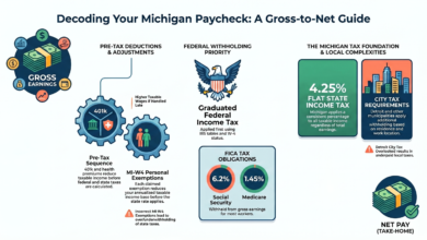 Michigan Paycheck Calculator dashboard on a laptop with payroll charts and digital productivity tools