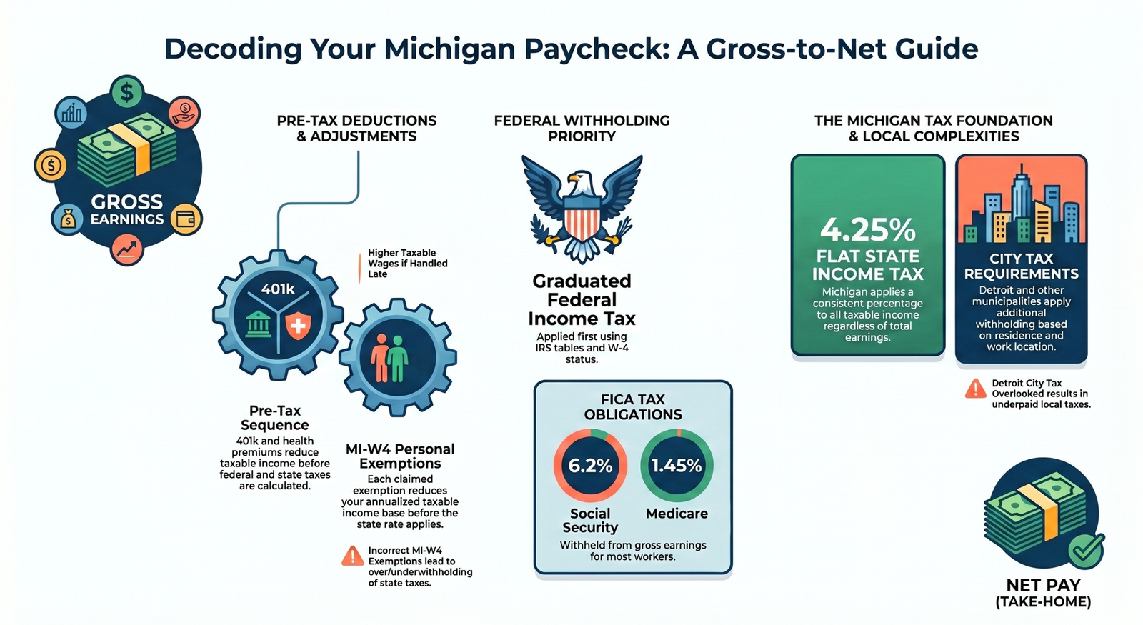 Michigan Paycheck Calculator dashboard on a laptop with payroll charts and digital productivity tools