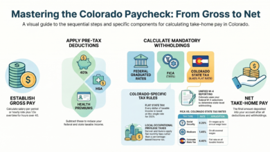 Gaming-style digital productivity dashboard showing Colorado paycheck calculator with tax breakdown, salary stats, and earnings overview