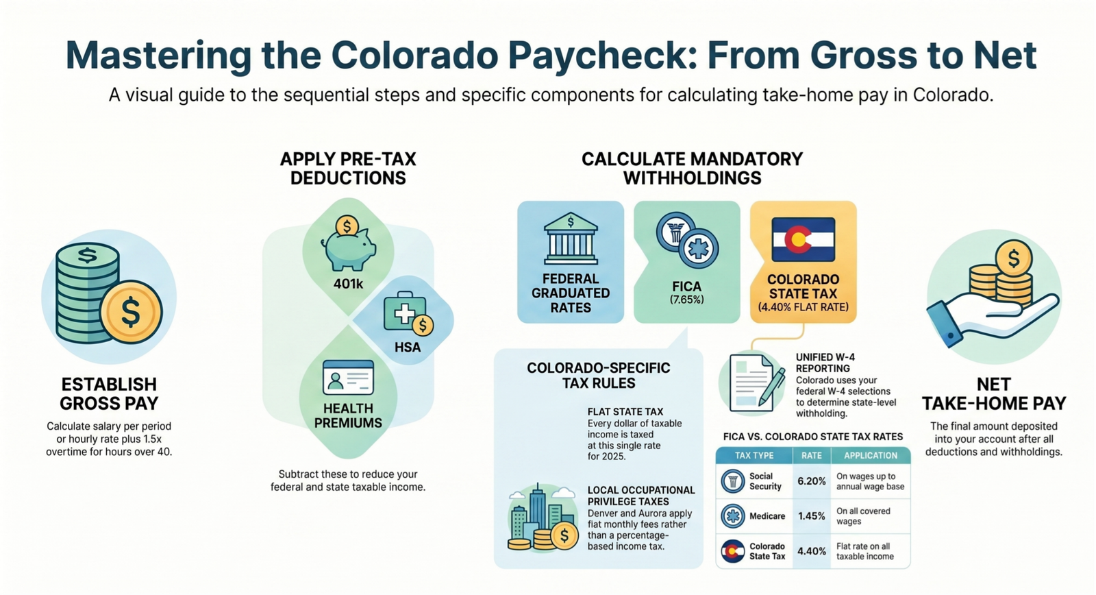 Gaming-style digital productivity dashboard showing Colorado paycheck calculator with tax breakdown, salary stats, and earnings overview