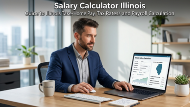 Professional man using an Illinois Salary Calculator on his laptop in a clean, modern office setting.