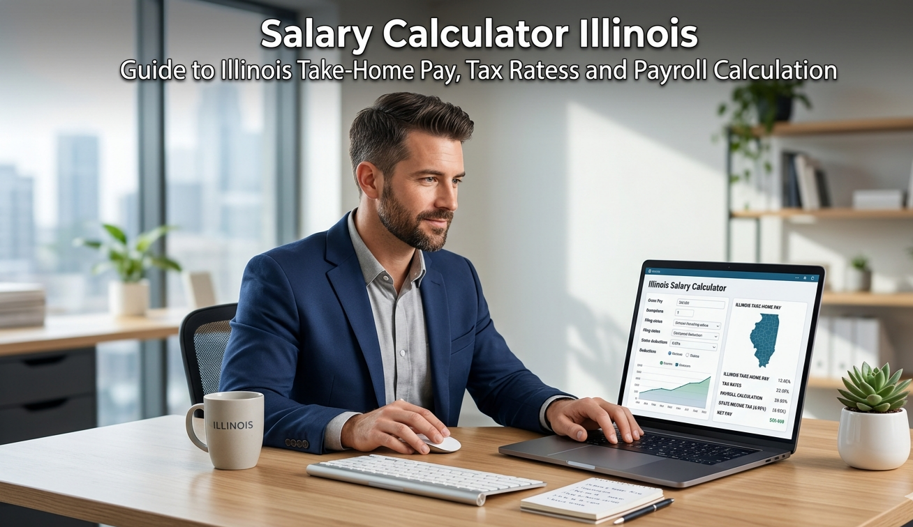 Professional man using an Illinois Salary Calculator on his laptop in a clean, modern office setting.