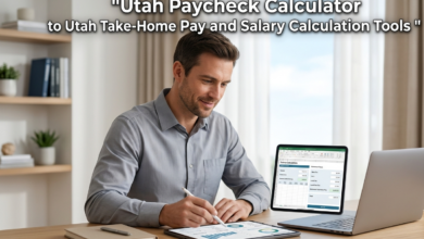 A man reviews financial data on a tablet using a Utah Paycheck Calculator to estimate salary and take-home pay.
