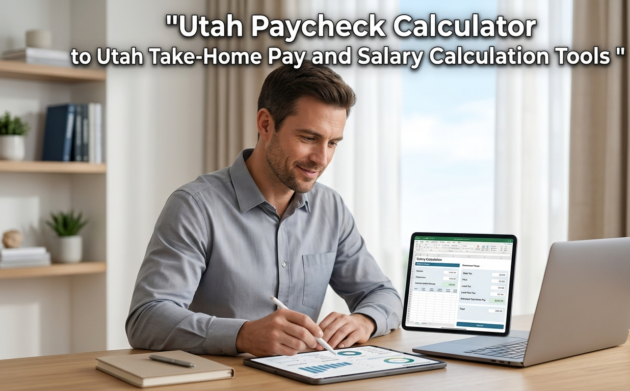 A man reviews financial data on a tablet using a Utah Paycheck Calculator to estimate salary and take-home pay.