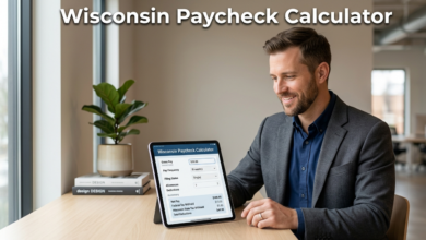 Man uses a Wisconsin Paycheck Calculator on a tablet at a desk, with bold white text overlaying the top center.
