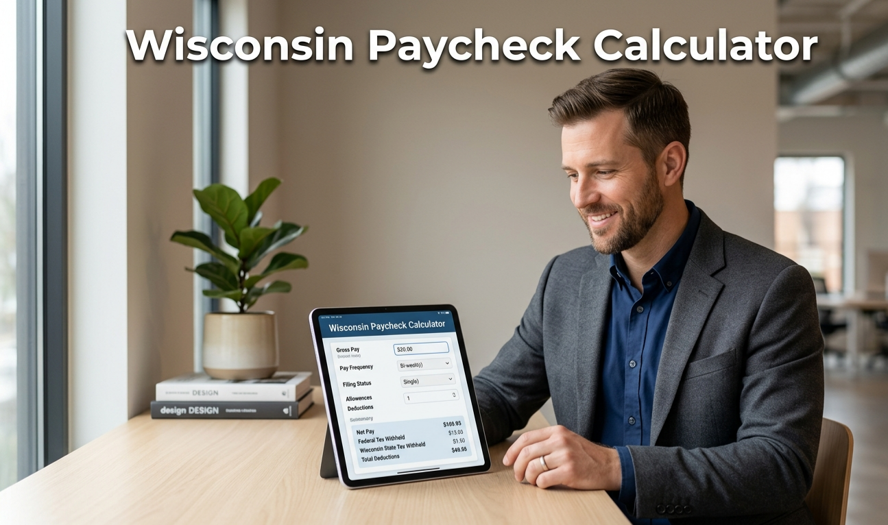 Man uses a Wisconsin Paycheck Calculator on a tablet at a desk, with bold white text overlaying the top center.