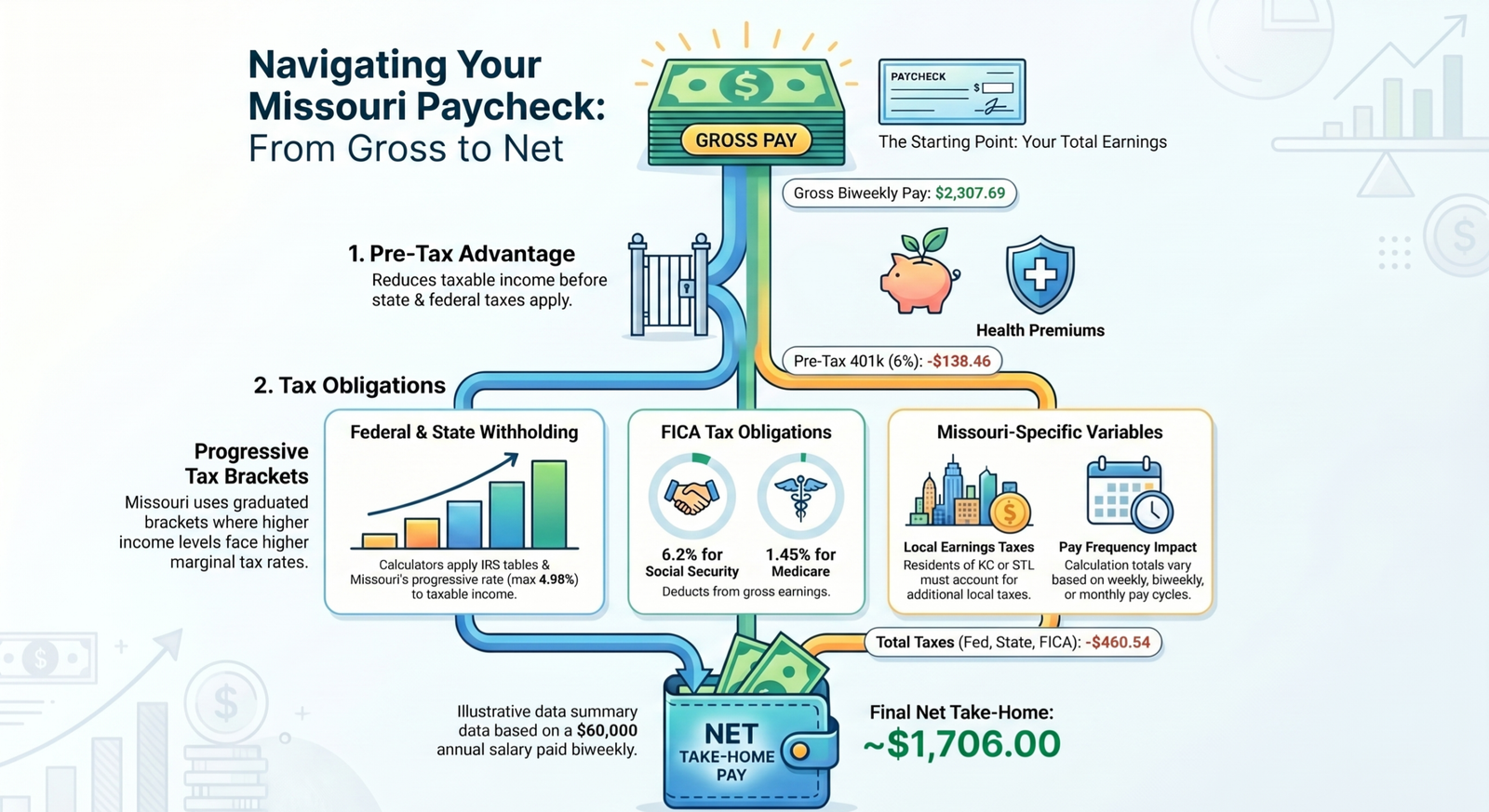 Missouri Paycheck Calculator displayed on gaming setup screen with payroll figures and tax deduction details