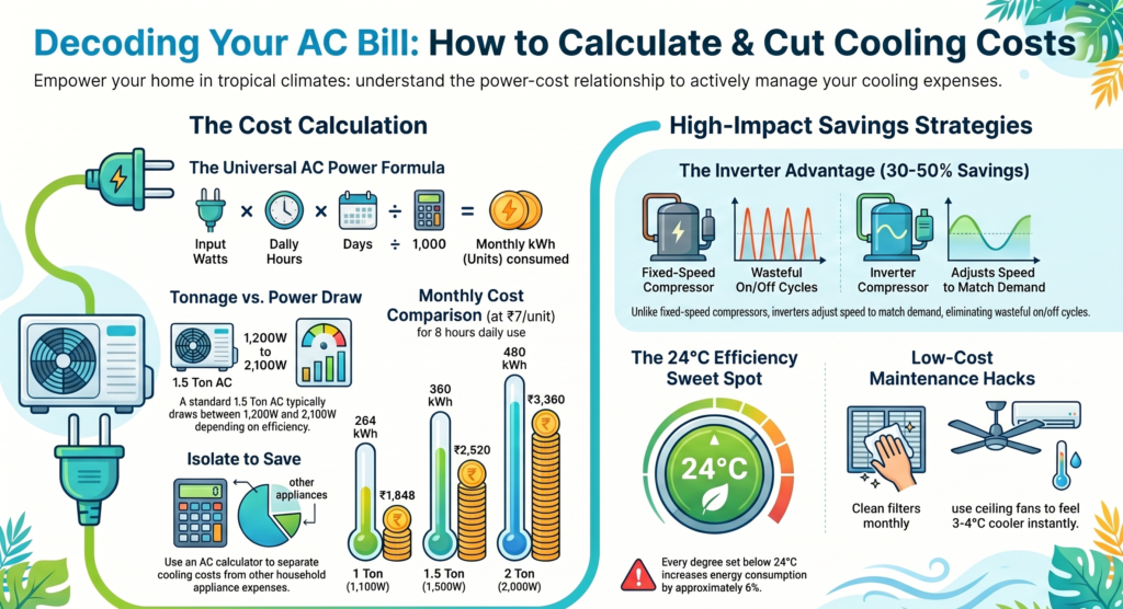 Split air conditioner with energy usage data on screen, using an AC Power Consumption Calculator
