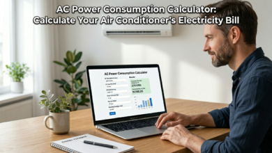 Air conditioner running in a living room with an AC Power Consumption Calculator displayed on a screen
