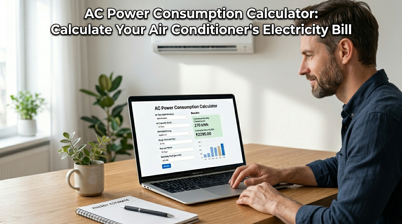 Air conditioner running in a living room with an AC Power Consumption Calculator displayed on a screen