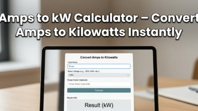 Amps to kW Calculator interface showing electrical input values, voltage fields, and power conversion results on screen