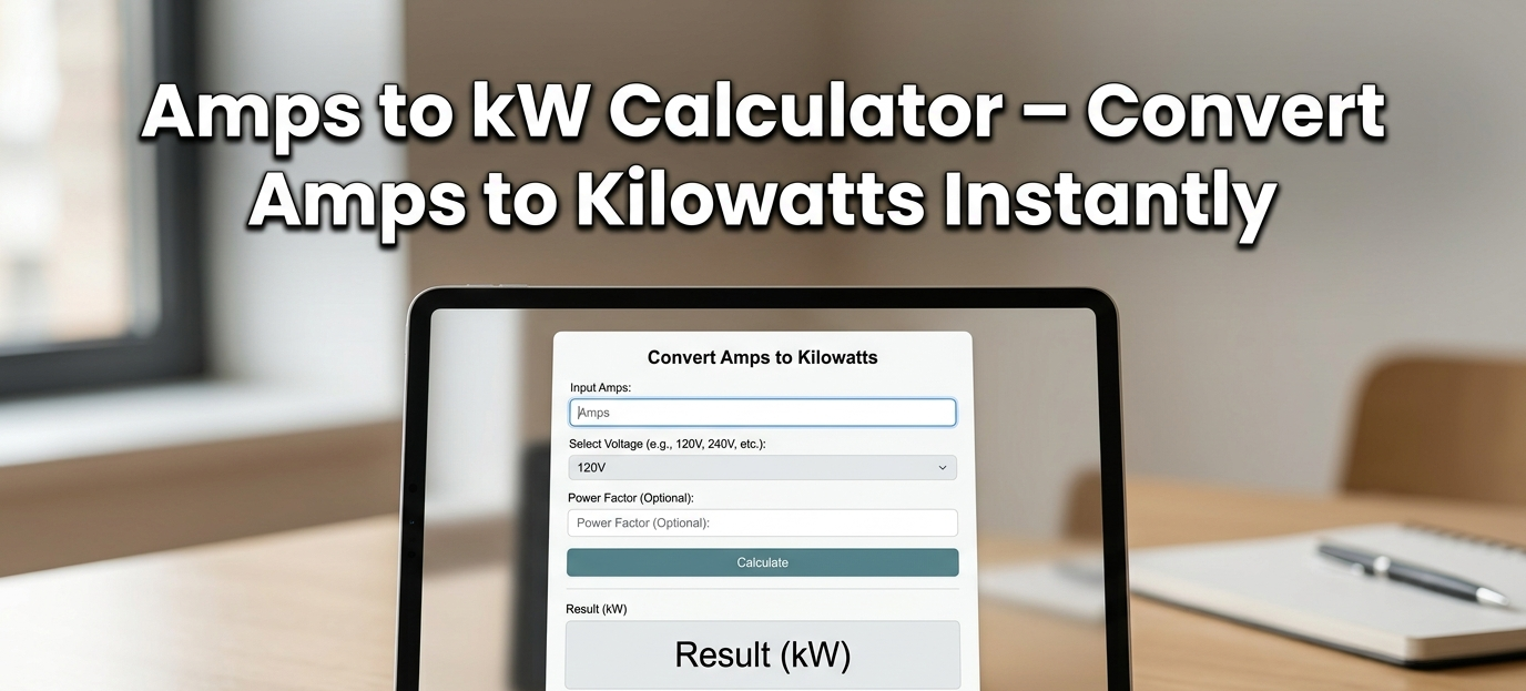 Amps to kW Calculator interface showing electrical input values, voltage fields, and power conversion results on screen