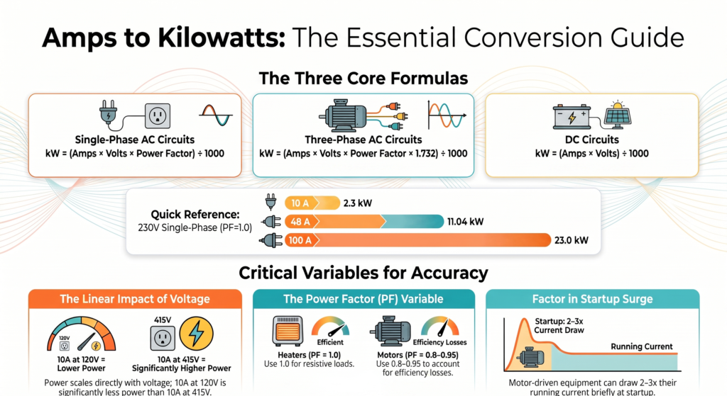 Amps to kW Calculator screen displaying input amps, voltage selection, and calculated power output in kilowatts