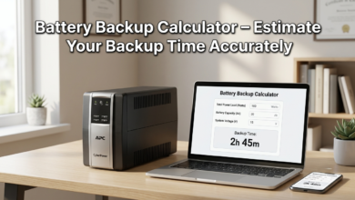 Battery Backup Calculator showing battery capacity, load, and estimated runtime calculation