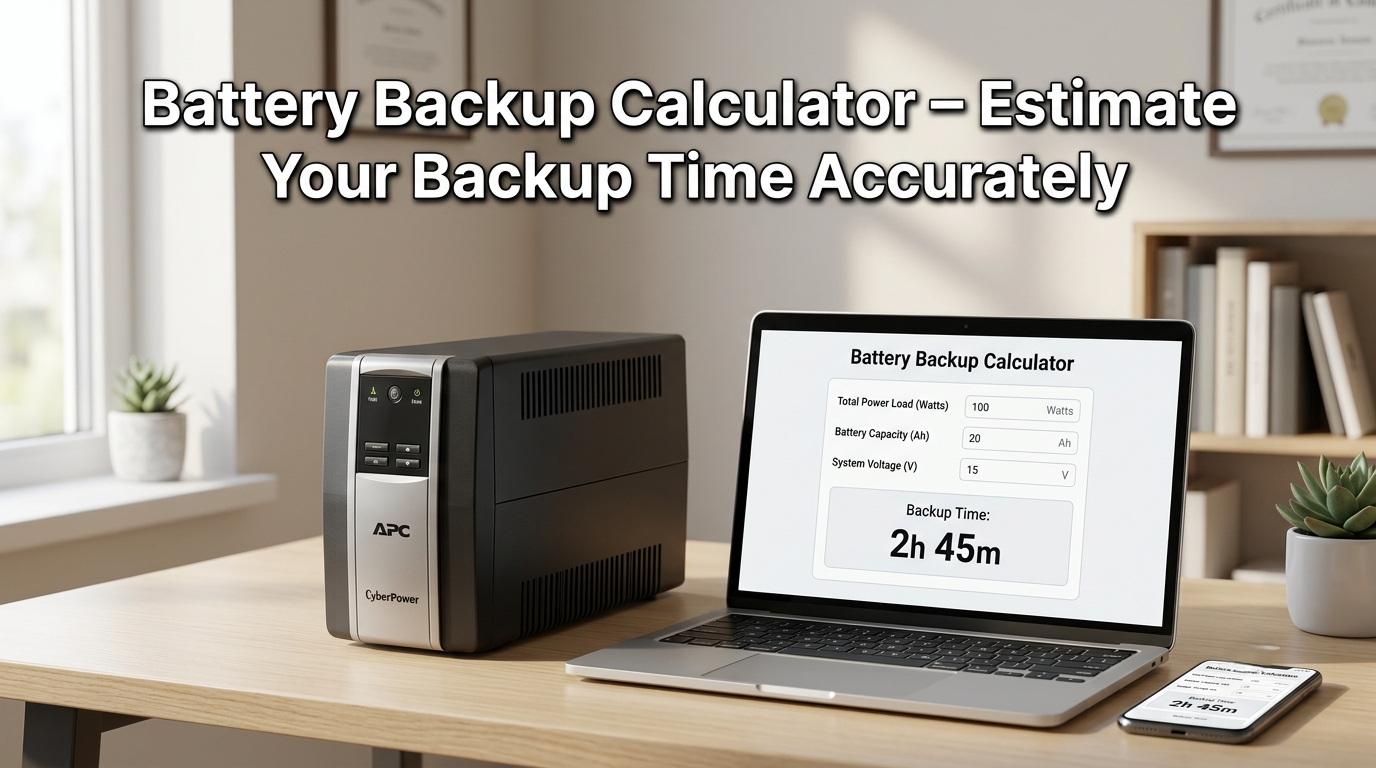 Battery Backup Calculator showing battery capacity, load, and estimated runtime calculation