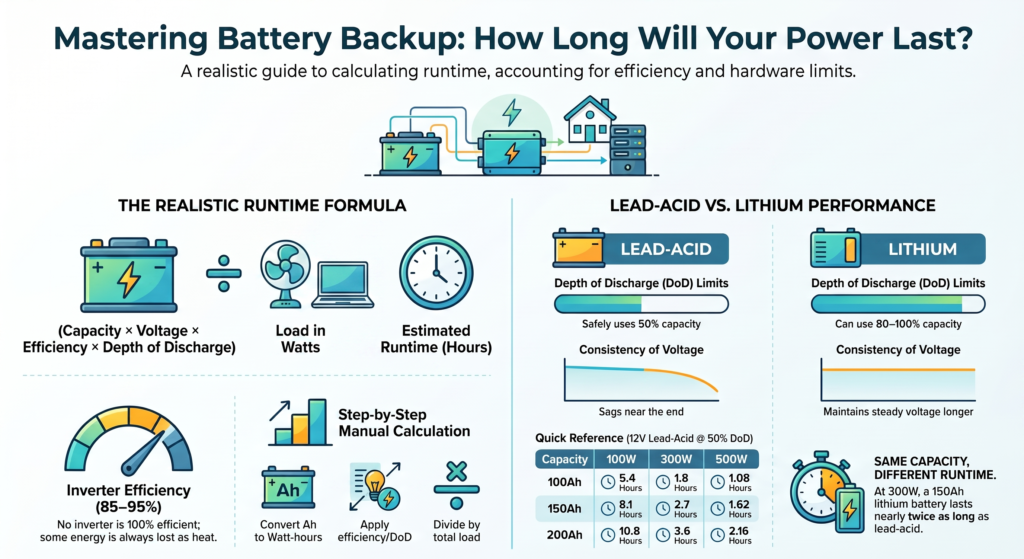 Battery Backup Calculator interface with battery capacity, load, and runtime estimation values