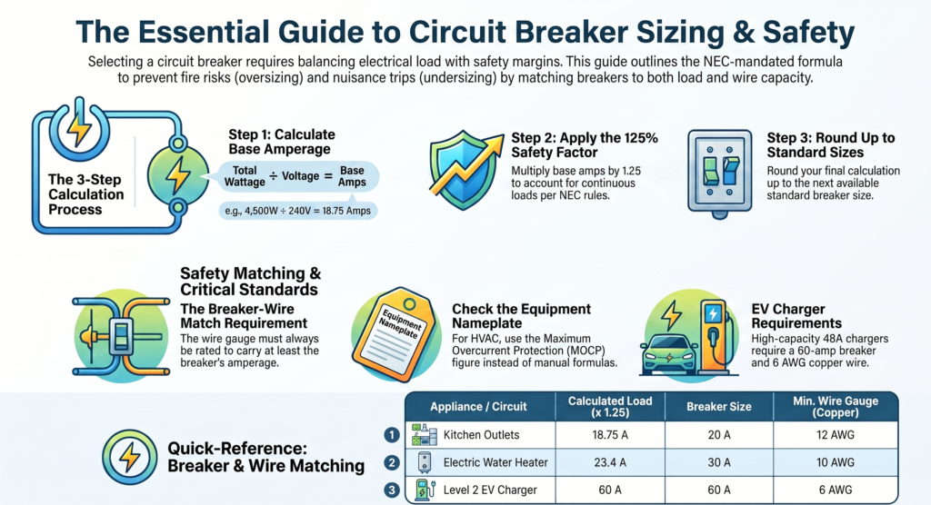Electrical panel diagram with breaker sizing inputs and wire gauge selection screen (Breaker Size Calculator)
