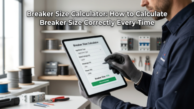 Electrical breaker sizing calculator interface showing inputs for load, voltage, and wire gauge (Breaker Size Calculator)
