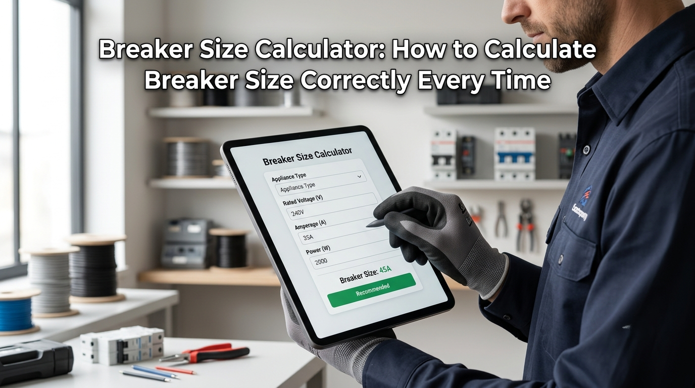 Electrical breaker sizing calculator interface showing inputs for load, voltage, and wire gauge (Breaker Size Calculator)
