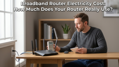 Broadband router connected to Wi-Fi showing Broadband Router Electricity Cost details