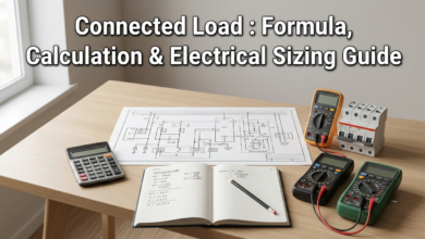Electrical panel diagram illustrating Connected Load calculation with labeled appliances and total power demand