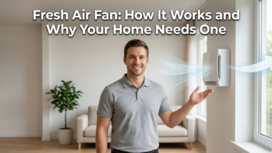 Ceiling-mounted Fresh Air Fan providing steady airflow and ventilation in a modern room