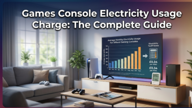 Gaming console connected to a TV and power outlet, illustrating Games Console Electricity Usage Charge costs