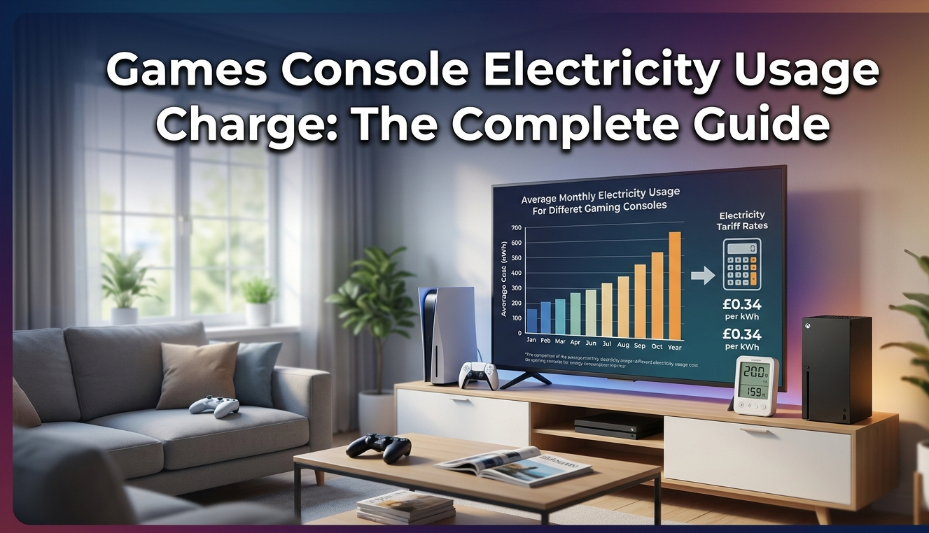 Gaming console connected to a TV and power outlet, illustrating Games Console Electricity Usage Charge costs