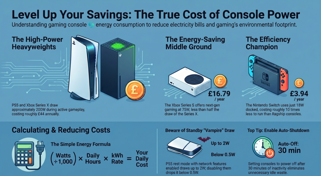 Home gaming console beside a television, showing Games Console Electricity Usage Charge and energy consumption