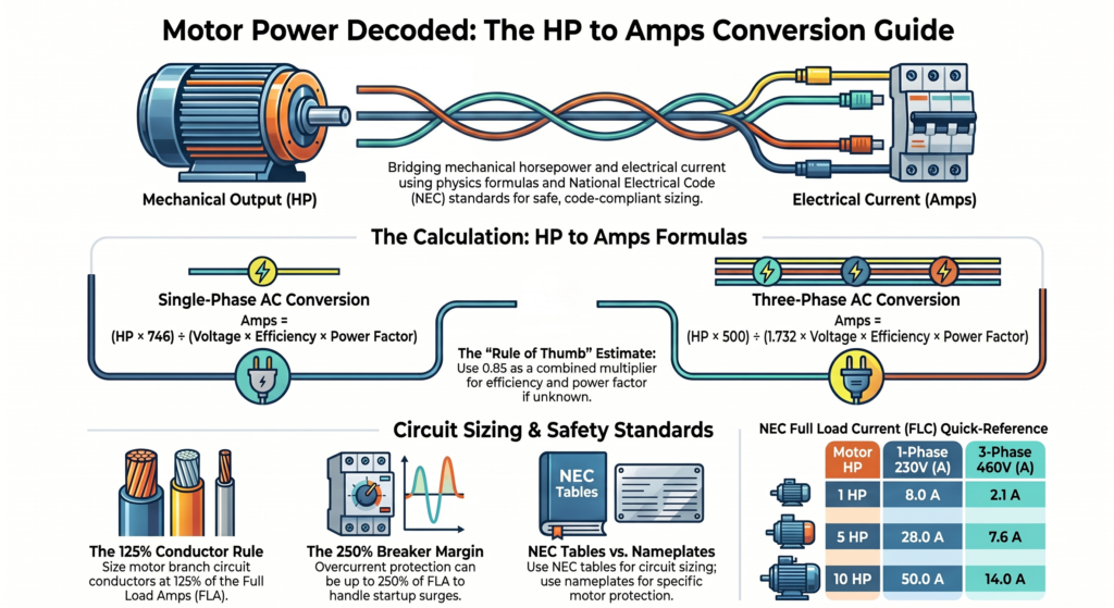 Digital calculator display showing HP to Amps conversion for electrical motor current calculation