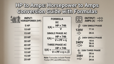 Electrical calculator screen showing HP to Amps conversion for motor load and current calculation