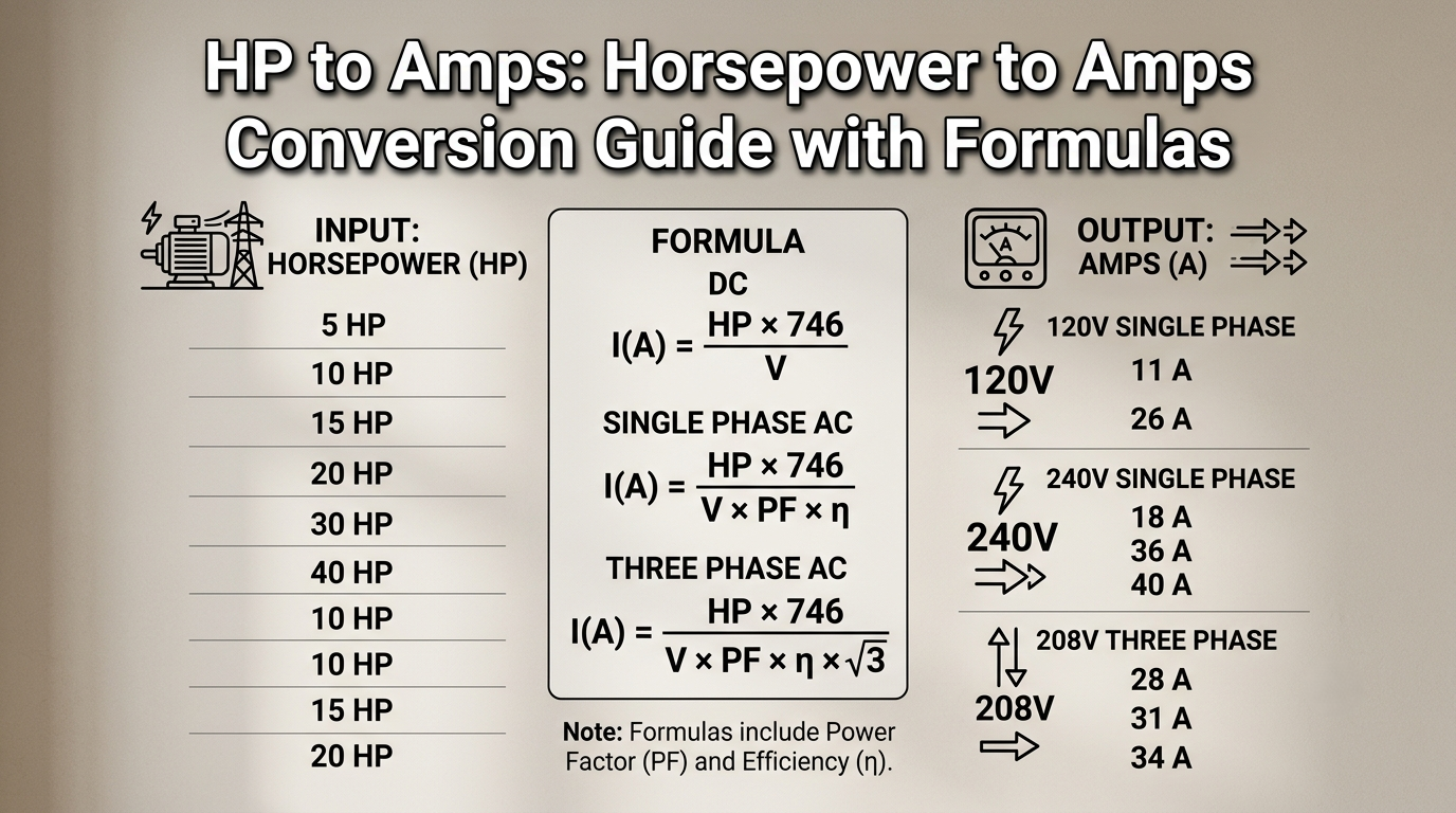 Electrical calculator screen showing HP to Amps conversion for motor load and current calculation