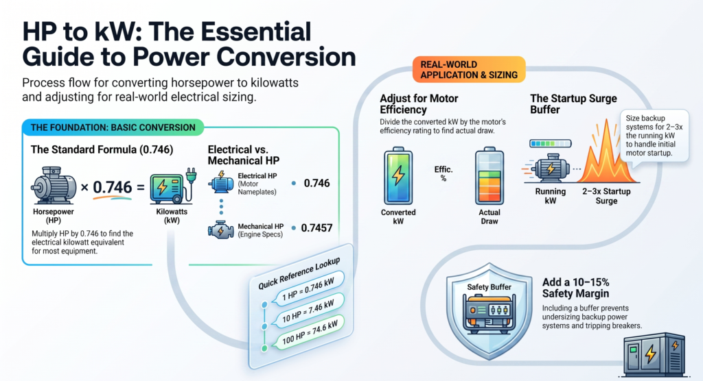 HP to kW Conversion calculator displaying horsepower and kilowatt values for accurate power conversion
