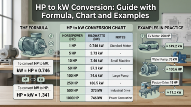 HP to kW Conversion chart showing horsepower values converted into kilowatts for electrical motors