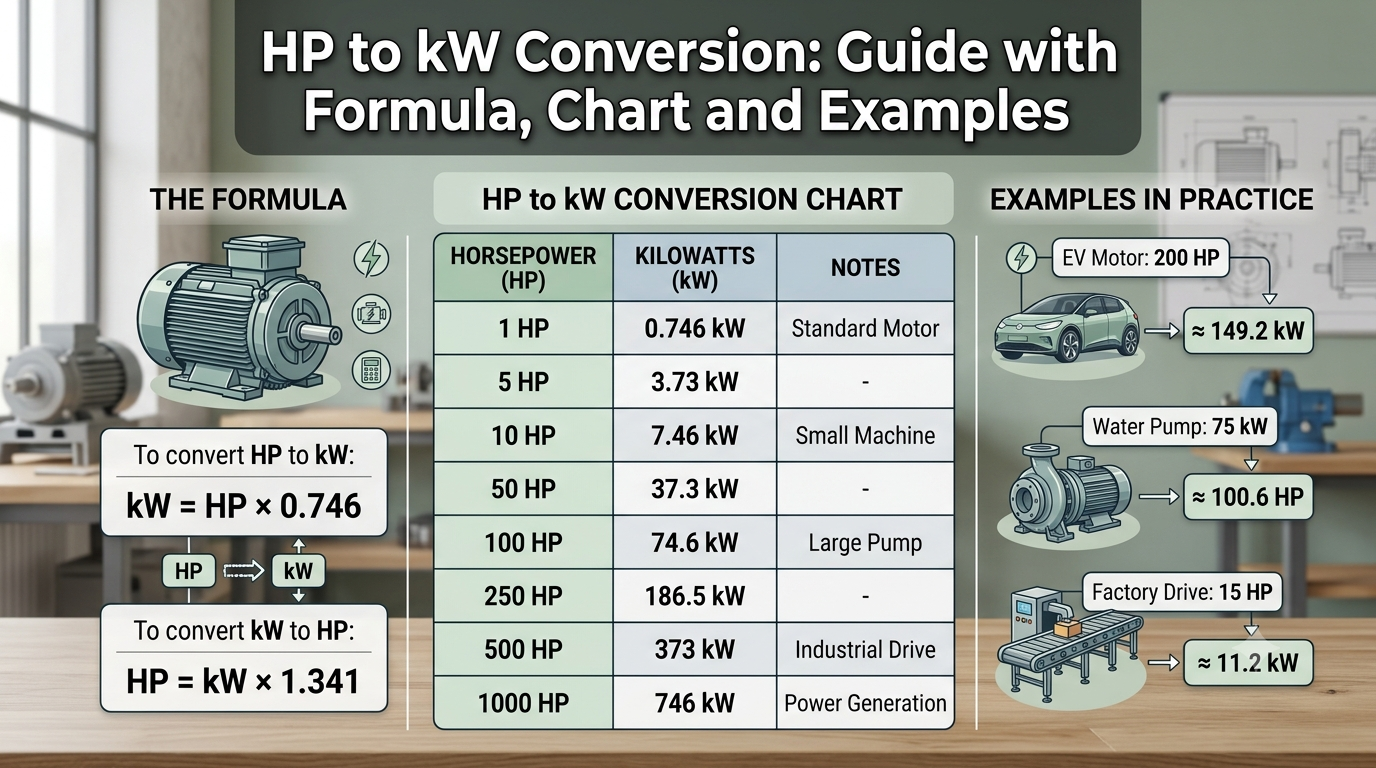 HP to kW Conversion chart showing horsepower values converted into kilowatts for electrical motors