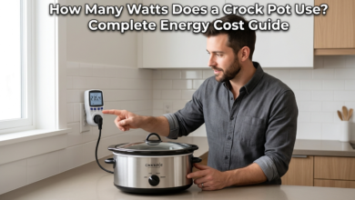 Crock pot slow cooker on a kitchen counter illustrating how many watts does a crock pot use