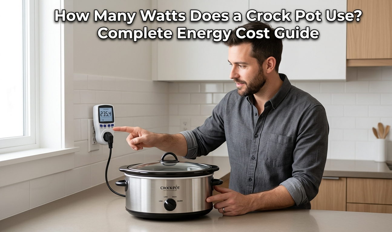 Crock pot slow cooker on a kitchen counter illustrating how many watts does a crock pot use