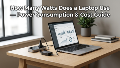 Laptop connected to a charger on a desk, illustrating how many watts does a laptop use during operation