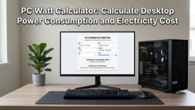 Custom gaming PC components displayed beside a PC Watt Calculator for estimating power consumption