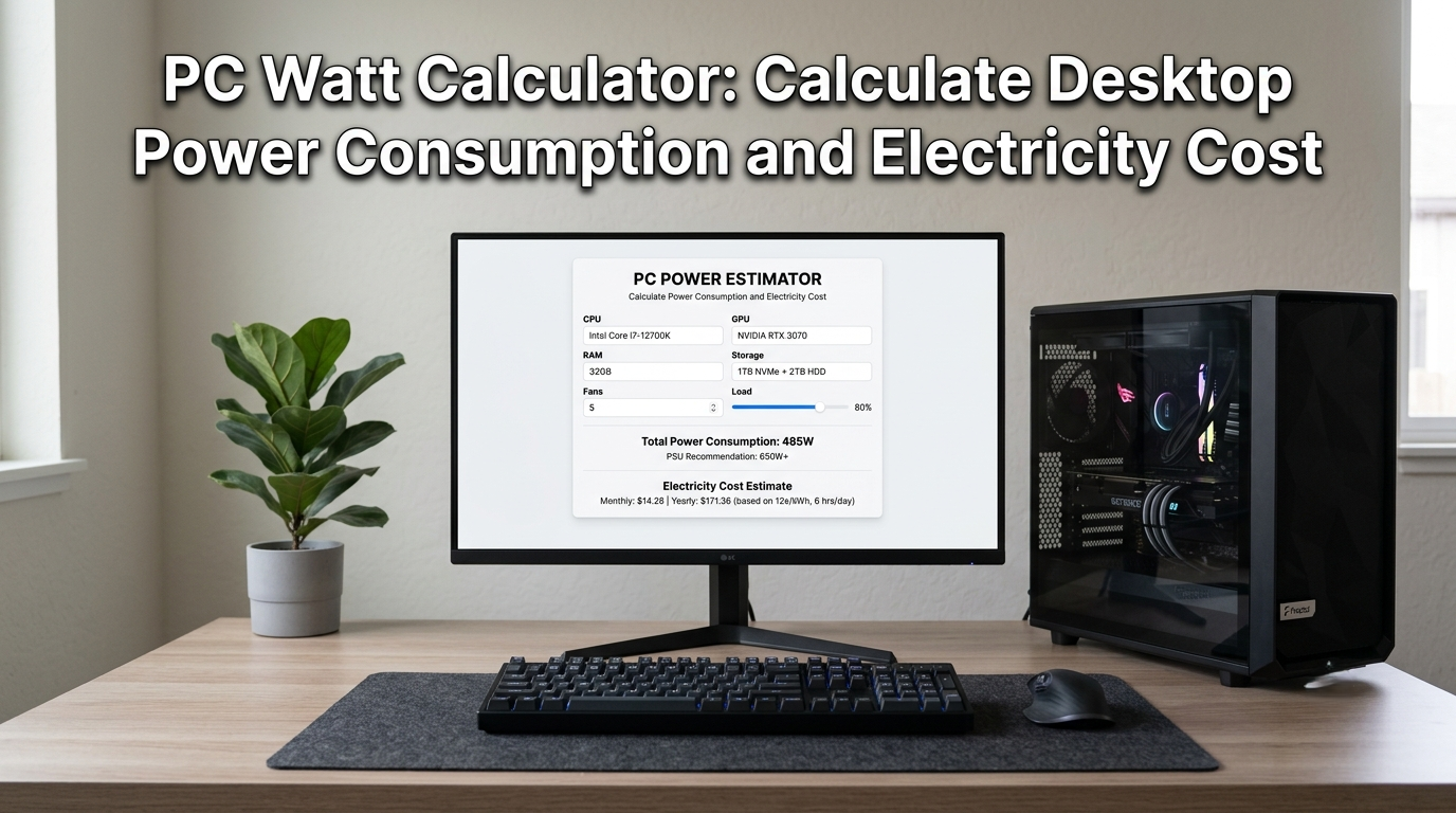 Custom gaming PC components displayed beside a PC Watt Calculator for estimating power consumption