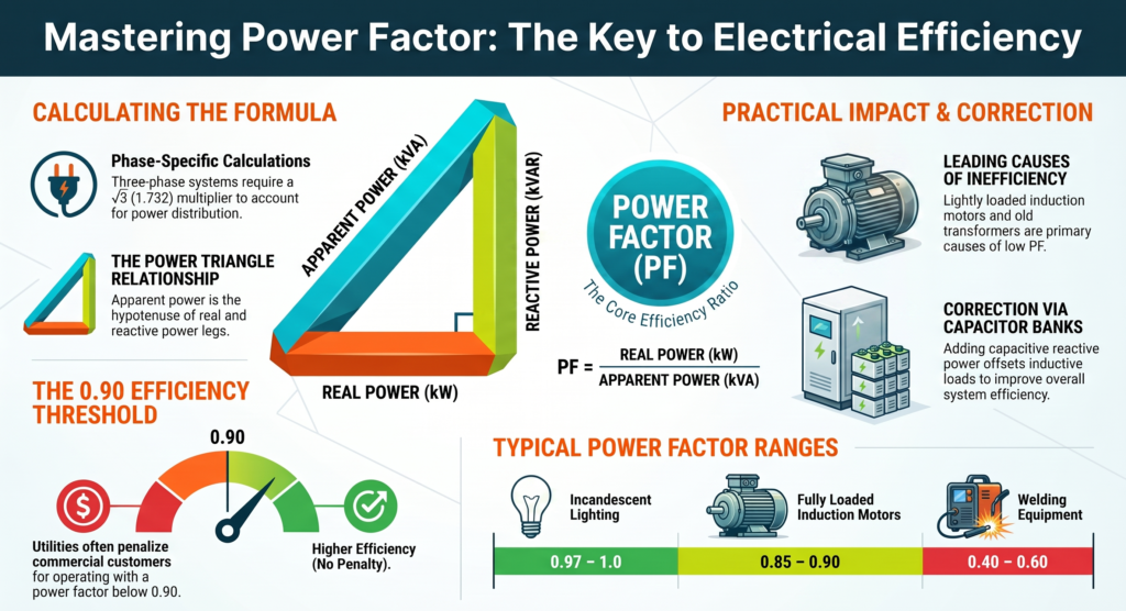 Power Factor Formula illustration with AC circuit values, phase angle, and power calculation example